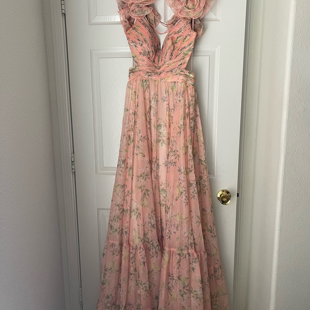 Mac Duggal Pink and Orange Ruffled Tiered Gown